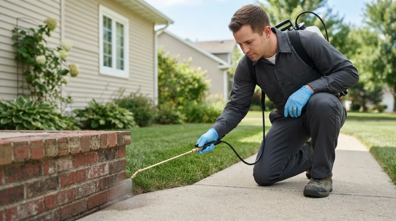 Pest control technician treating a home near Aurora, MO